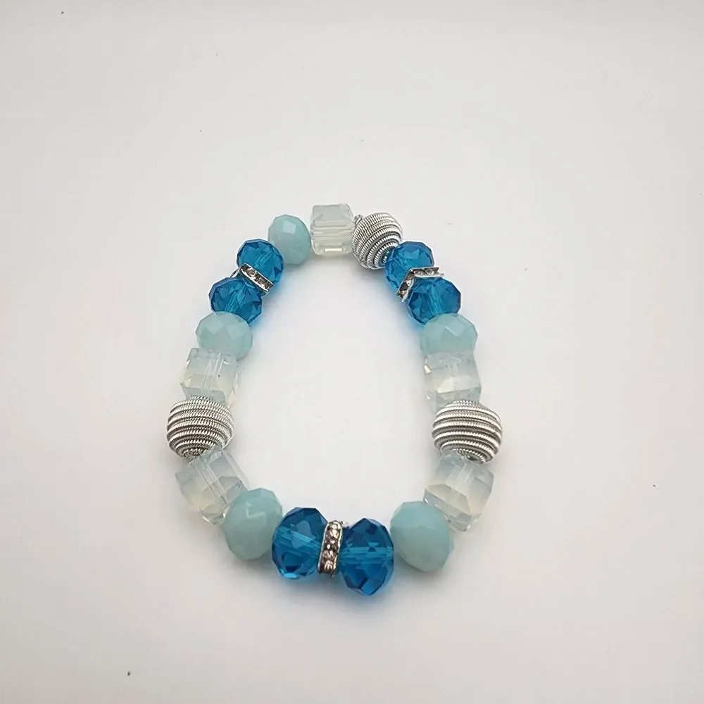 Roman Blue Crystal & Silver Tone Beads Stretchy Bracelet